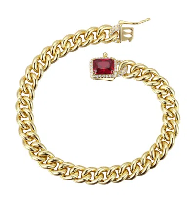 Rachel Glauber 14k Gold Plated With Colored Cubic Zirconia Halo Cluster Curb Chain Bracelet In Red