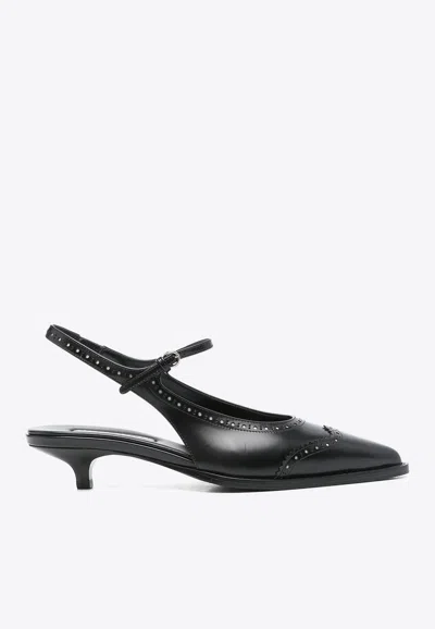 Miu Miu Women Leather Brogue Slingback T-strap Pumps In Black