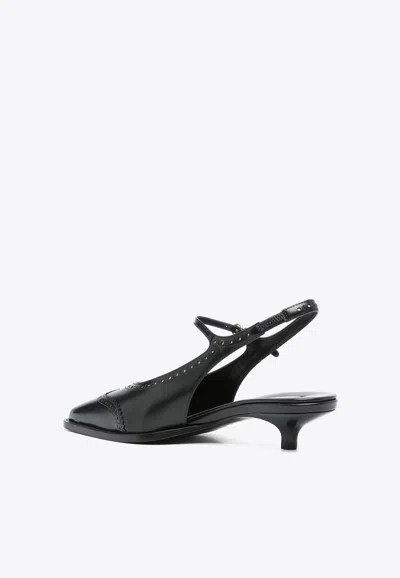 Miu Miu Women Leather Brogue Slingback T-strap Pumps In Black