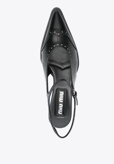 Miu Miu Women Leather Brogue Slingback T-strap Pumps In Black