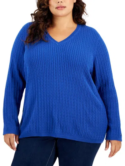 Tommy Hilfiger Plus Size Cable-knit V-neck Ivy Sweater In Blue