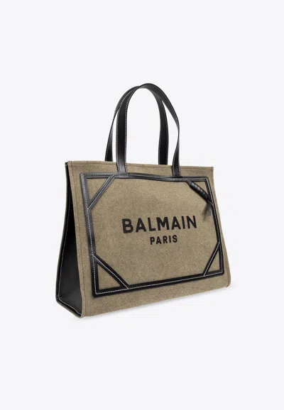 Balmain B-army 42 Canvas Tote Bag With Leather Details In Green