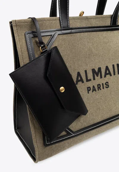 Balmain B-army 42 Canvas Tote Bag With Leather Details In Green
