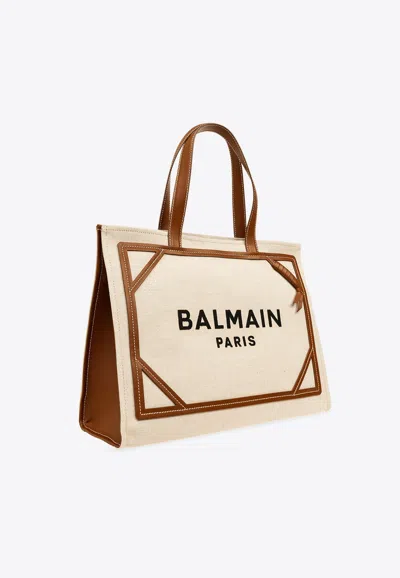Balmain Women's B-army Medium Canvas And Leather Tote Bag In Cream