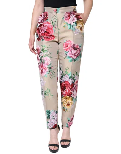 Dolce & Gabbana Beige Floral Jacquard High Waist Tapered Pants In Beige