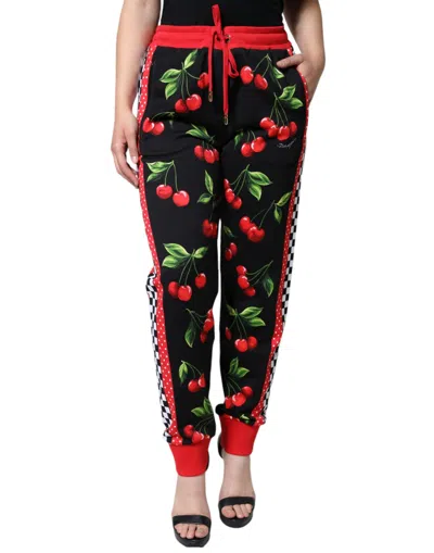 Dolce & Gabbana Black Red Cherry Mid Waist Jogger Pants In Black