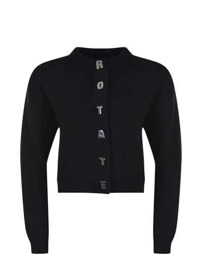Rotate Birger Christensen Rotate Cropped Black Sweater With Padded Shoulders And Button Embellishments In Black