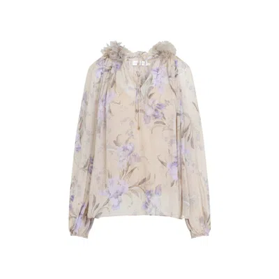 Zimmermann Embellished Floral-print Silk-crepon Blouse In Beige