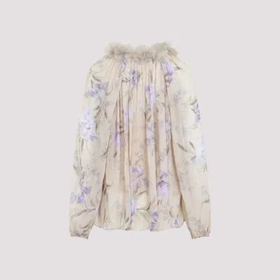 Zimmermann Embellished Floral-print Silk-crepon Blouse In Beige