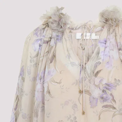 Zimmermann Embellished Floral-print Silk-crepon Blouse In Beige