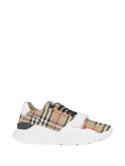 Burberry Beige And White Low Top Sneakers With Vintage Check Print And Rubber Sole In Canvas And Leather Man In Archive Beige Ip Chk