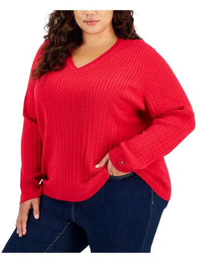 Tommy Hilfiger Plus Size Cable-knit V-neck Ivy Sweater In Red