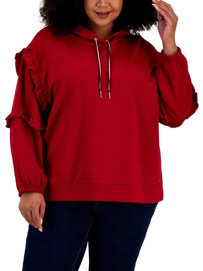 Tommy Hilfiger Plus Womens Ruffled Sleeves Cozy Hoodie In Multi