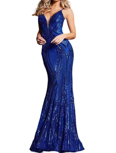 Jovani Plunging Neck Embellished Dress In Royal Blue In Blue