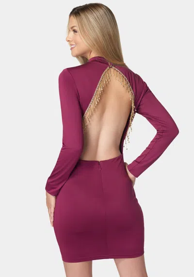 Bebe Crystal Fringe Open Back Mini Dress In Raspberry