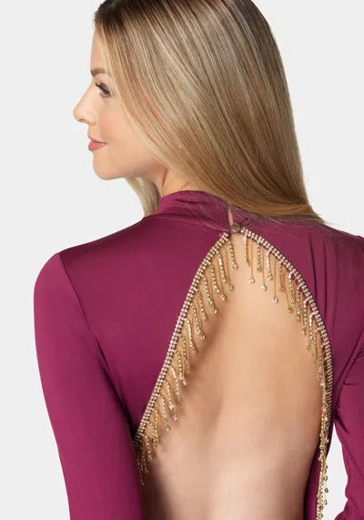 Bebe Crystal Fringe Open Back Mini Dress In Raspberry