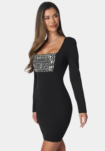 Shop Bebe Beaded Bodice Mini Dress In Black,silver