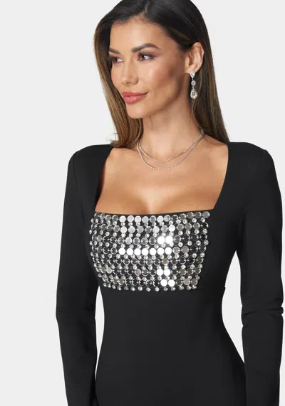 Shop Bebe Beaded Bodice Mini Dress In Black,silver