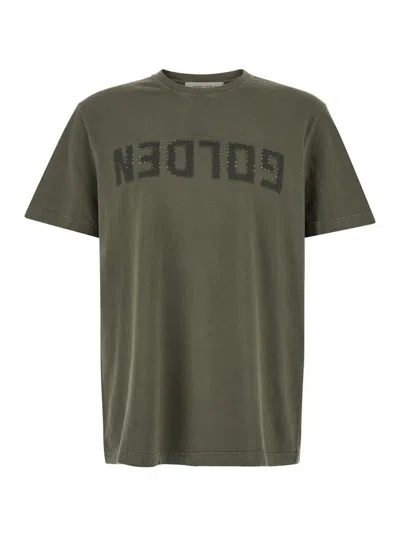 GOLDEN GOOSE GREEN CREWNECK T-SHIRT WITH LOGO ON THE FRONT AND LOGO PATCH ON THE FRONT IN COTTON MAN 