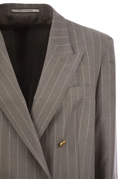 Tagliatore Women Stretch Wool Double-breasted Pinstripe Blazer In Grey