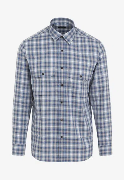 Brioni Checked Long-sleeved Shirt In Blue