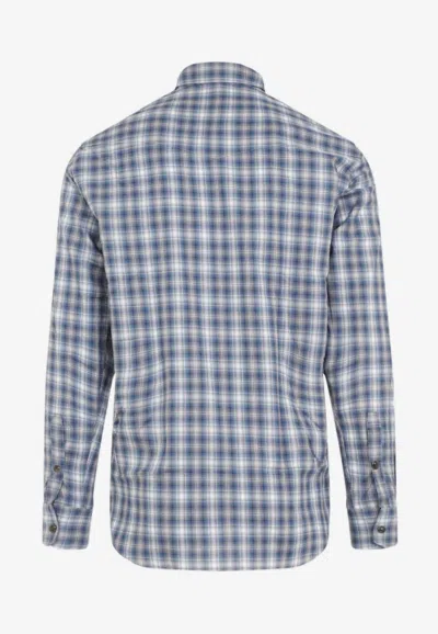 Brioni Checked Long-sleeved Shirt In Blue