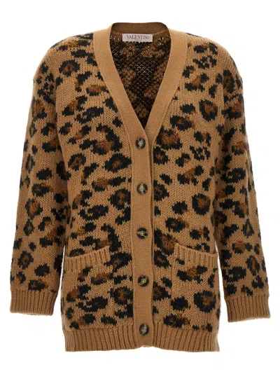 Valentino V-neck Animalier Cardigan Front Pockets In Brown