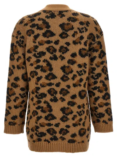 Valentino V-neck Animalier Cardigan Front Pockets In Brown