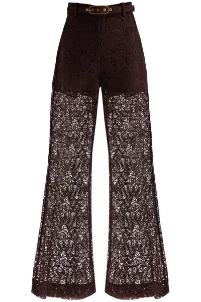 Zimmermann Illustration Belted Guipure Lace Flared Pants In Brown