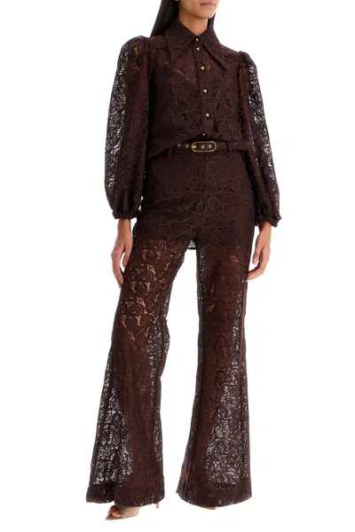 Zimmermann Illustration Belted Guipure Lace Flared Pants In Brown