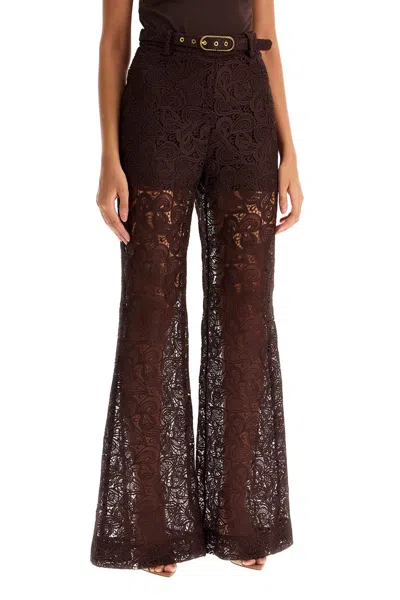 Zimmermann Illustration Belted Guipure Lace Flared Pants In Brown