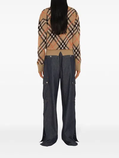 Burberry Beige Crewneck Sweater With Check Motif In Wool And Mohair Woman