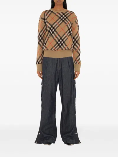 Burberry Beige Crewneck Sweater With Check Motif In Wool And Mohair Woman