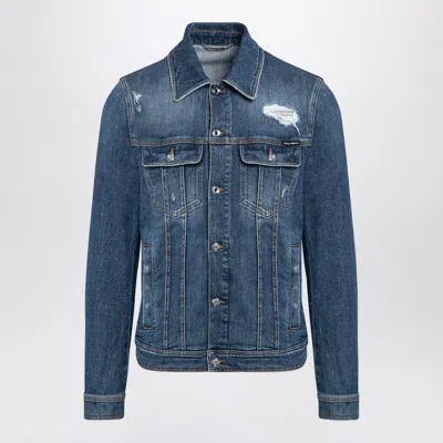 Dolce & Gabbana Blue Jacket With Classic Collar And Rips In Denim Stretch Man