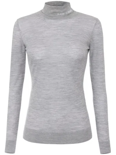 Elisabetta Franchi Gray Wool Turtleneck Sweater With Logo Embroidery