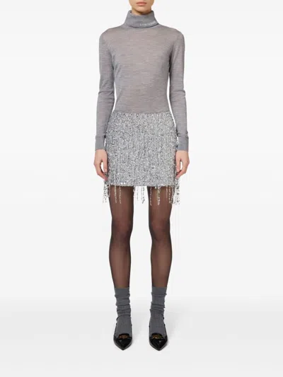 Elisabetta Franchi Gray Wool Turtleneck Sweater With Logo Embroidery