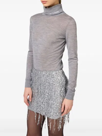 Elisabetta Franchi Gray Wool Turtleneck Sweater With Logo Embroidery