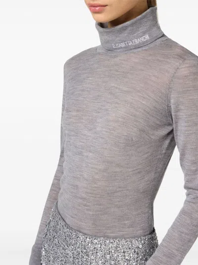 Elisabetta Franchi Gray Wool Turtleneck Sweater With Logo Embroidery