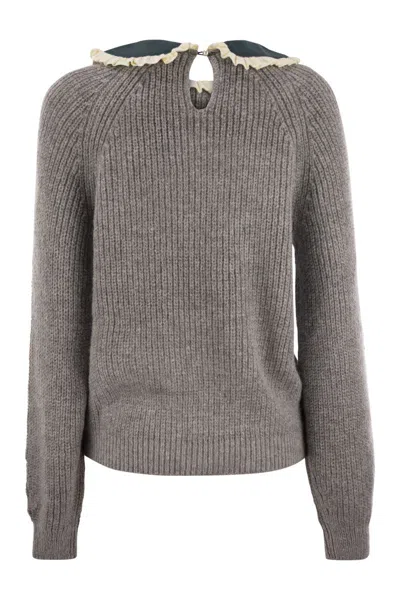 Mc2 Saint Barth Calia - Ribbed Jumper With Velvet Collar And Bow