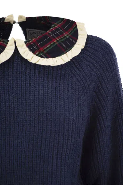 Mc2 Saint Barth Calia - Ribbed Jumper With Velvet Collar And Bow