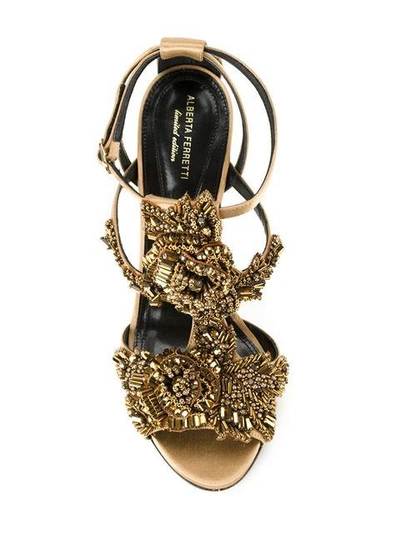 Shop Alberta Ferretti Beaded Strappy Sandals - Metallic