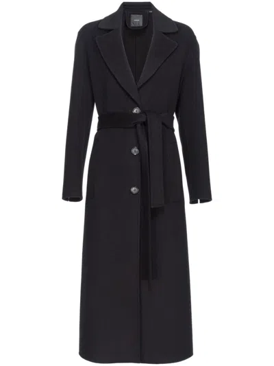 Shop Pinko Black Wool Long Belted Coat