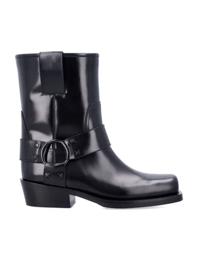 Valentino Black Leather Biker Rockstud Ankle Boots