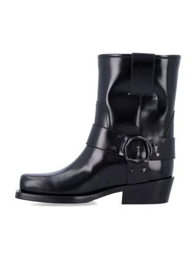 Valentino Black Leather Biker Rockstud Ankle Boots