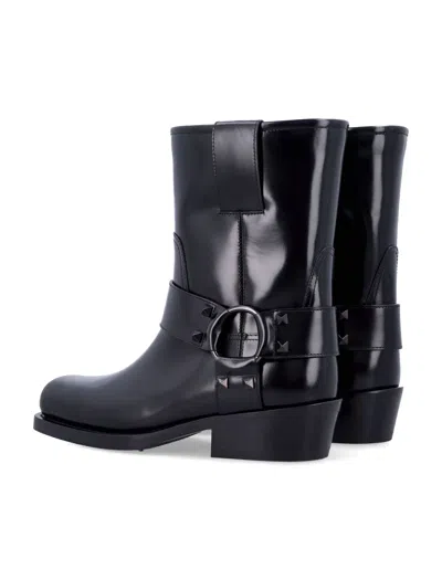 Valentino Black Leather Biker Rockstud Ankle Boots
