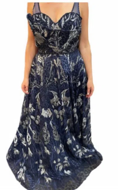 Mambo Couture Beaded And Lace Applique Ballgown In Navy In Blue