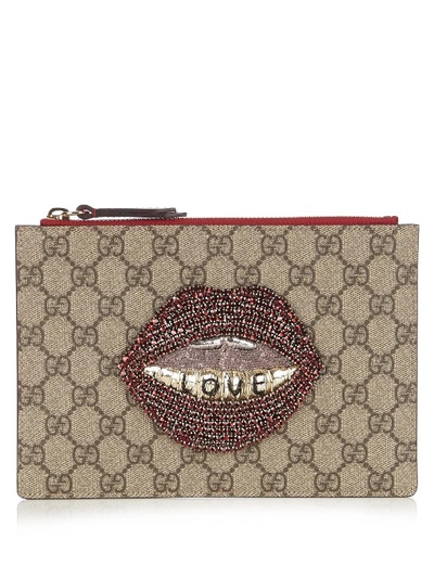 Gucci Merveilles Gg Supreme Mouth-embellished Pouch In Tonal-beige And Brown