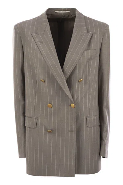 Tagliatore Women Stretch Wool Double-breasted Pinstripe Blazer In Grey