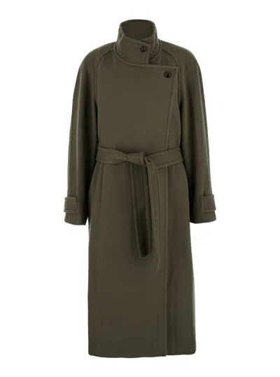 Low Classic Soft Wool Twill Wrap Coat In Green