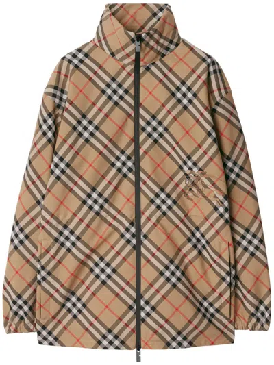 Burberry Waisted Check Hooded Jacket In Beige